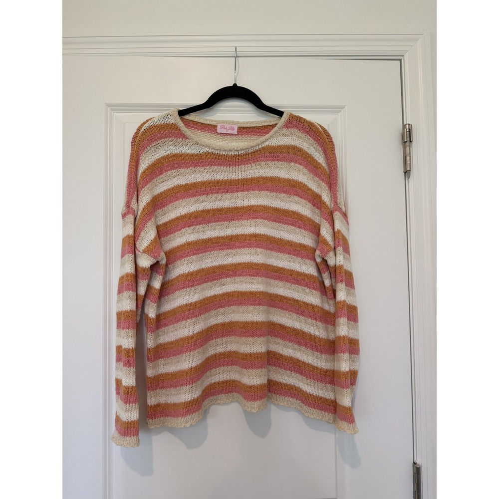 Pink Lily Oversized Pink, Orange and Ivory StripedPull-Over Sweater in Small